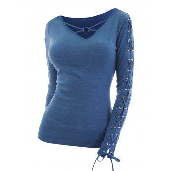 

Lace Up Long Sleeve T-shirt O Ring V Neck Casual Tee, Blue