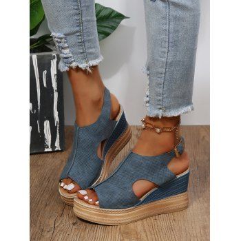 

Plain Color Cut Out Thick Platform Buckle Strap Sandals, Blue