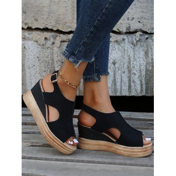 

Plain Color Cut Out Thick Platform Buckle Strap Sandals, Black