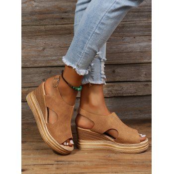 

Plain Color Cut Out Thick Platform Buckle Strap Sandals, Coffee