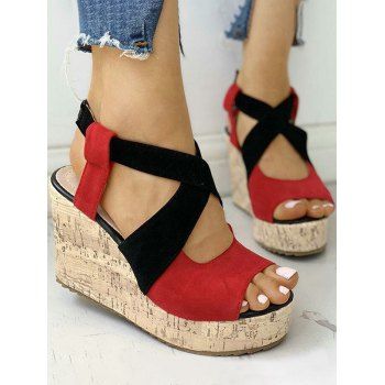 Contrast Colorblock Crossover Buckle Strap Wedge Heel Sandals