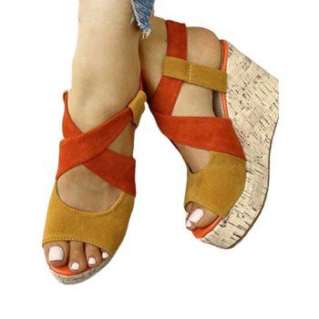 

Contrast Colorblock Crossover Buckle Strap Wedge Heel Sandals, Coffee