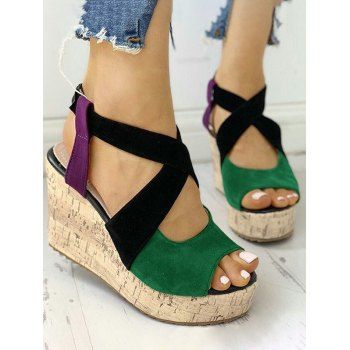 

Contrast Colorblock Crossover Buckle Strap Wedge Heel Sandals, Green