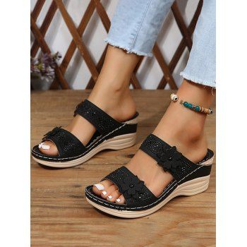 

Flowers Breathable Peep Toe Slip-On Beach Wedges Sandals, Black