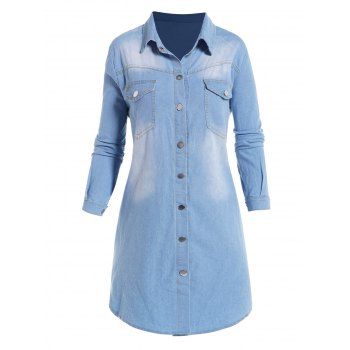 

Chambray Dress Front Pocket Turn Down Collar Curved Hem Long Sleeve Shift Mini Dress, Blue