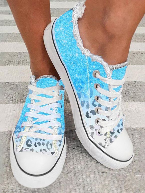 Printed Leopard Frayed Lace Up Shoes - Bleu EU 41