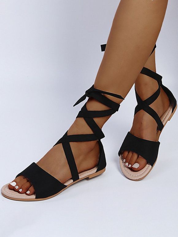 Open Toe Lace Up Ankle Bandage Flat Sandals - Noir EU 35