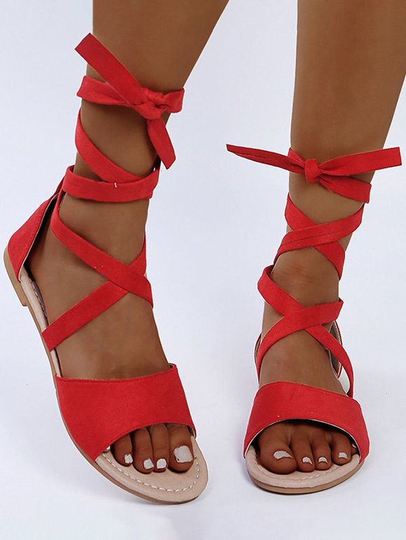 Open Toe Lace Up Ankle Bandage Flat Sandals - Rouge EU 35