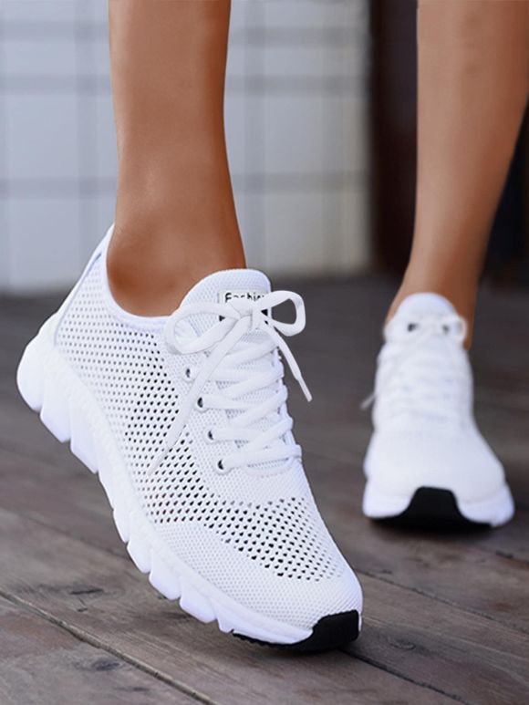 Plain Color Breathable Hollow Out Lace Up Sneakers - Blanc EU 36