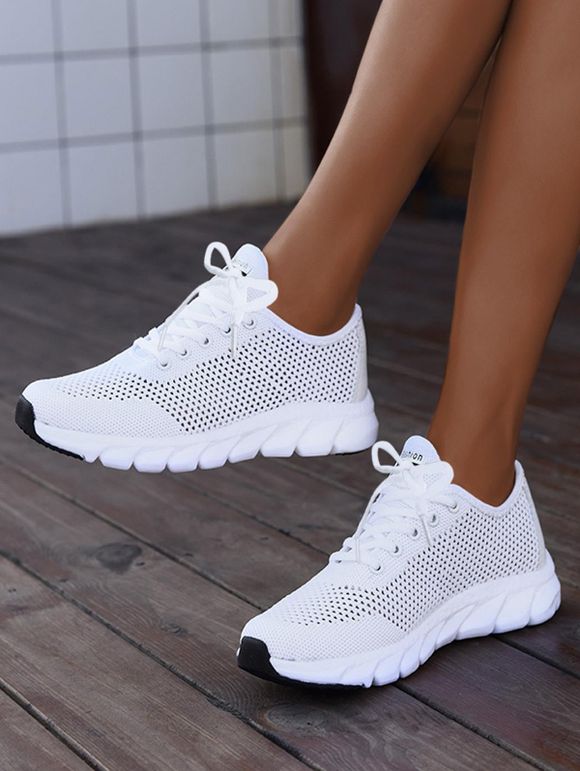 Plain Color Breathable Hollow Out Lace Up Sneakers - Blanc EU 41