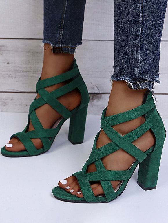 Open Toe Breathable Thick Strappy Zipper Chunky Heels Sandals - Vert EU 39