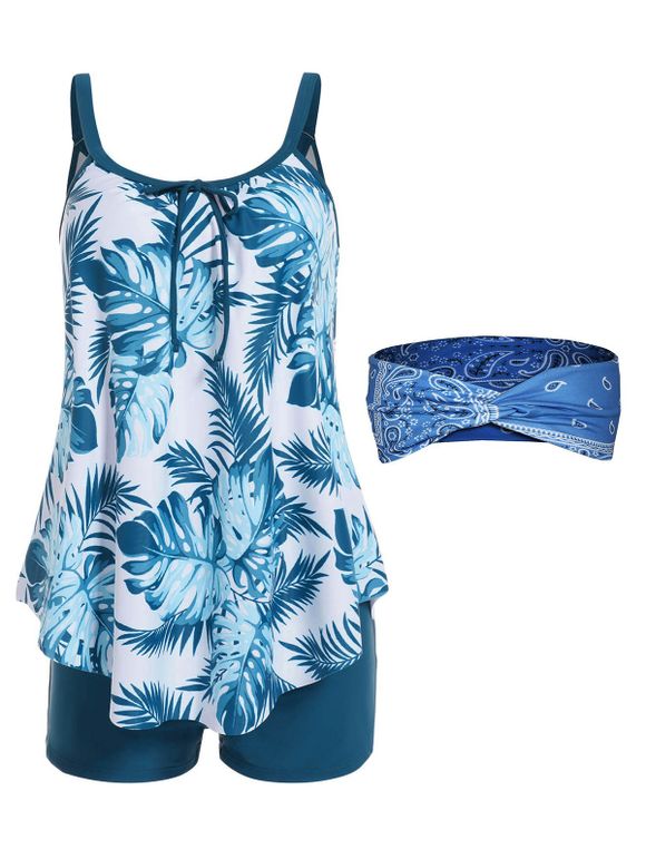 Maillot de Bain Tankini Gainant à Imprimé Feuille Tropicale et Bandeau Croisé à Cachemire Pour Vacance - Bleu M