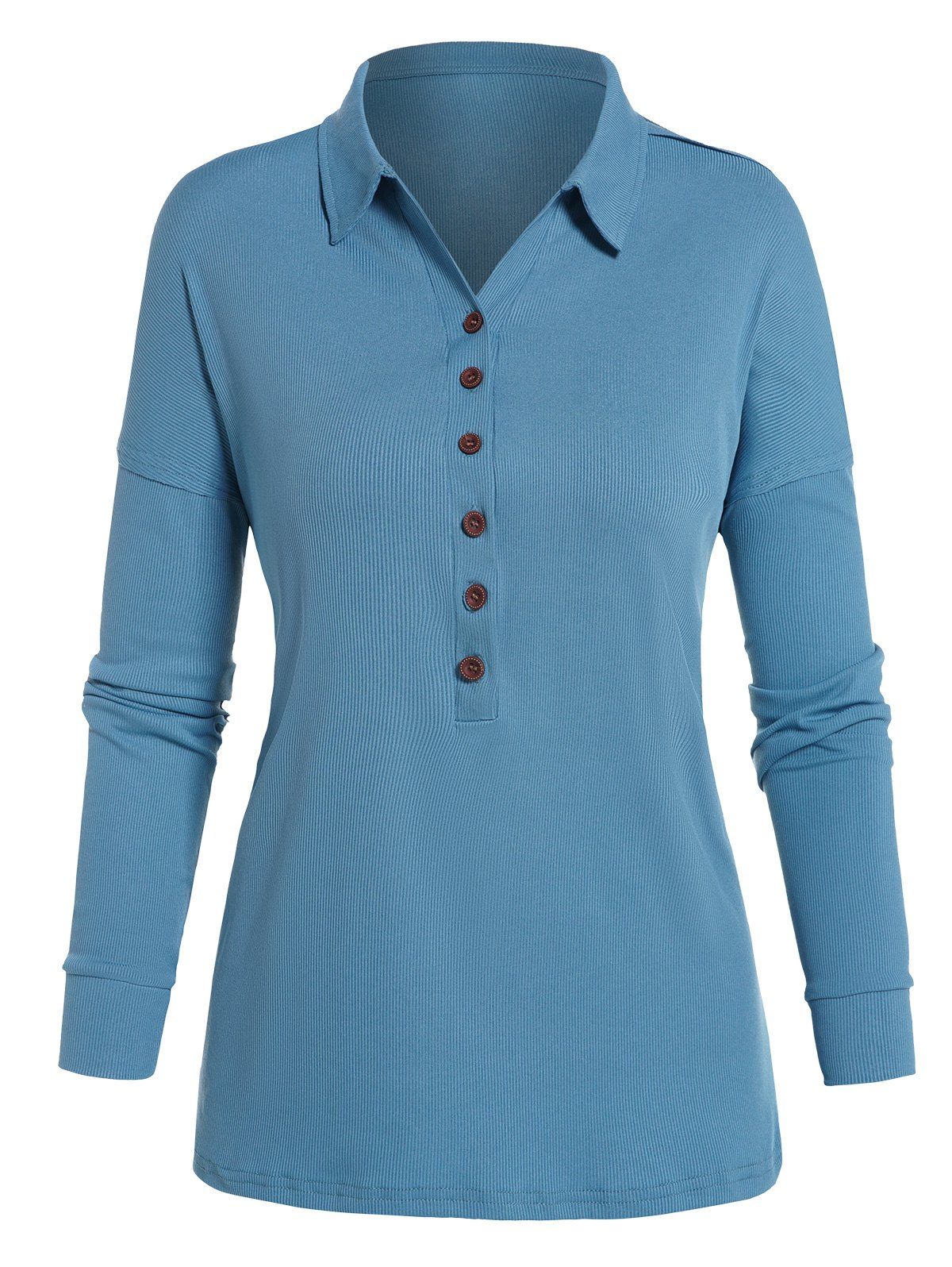 T-shirt Texturé Simple à Demi-Bouton Manches Longues à Col Relevé - Bleu clair XL