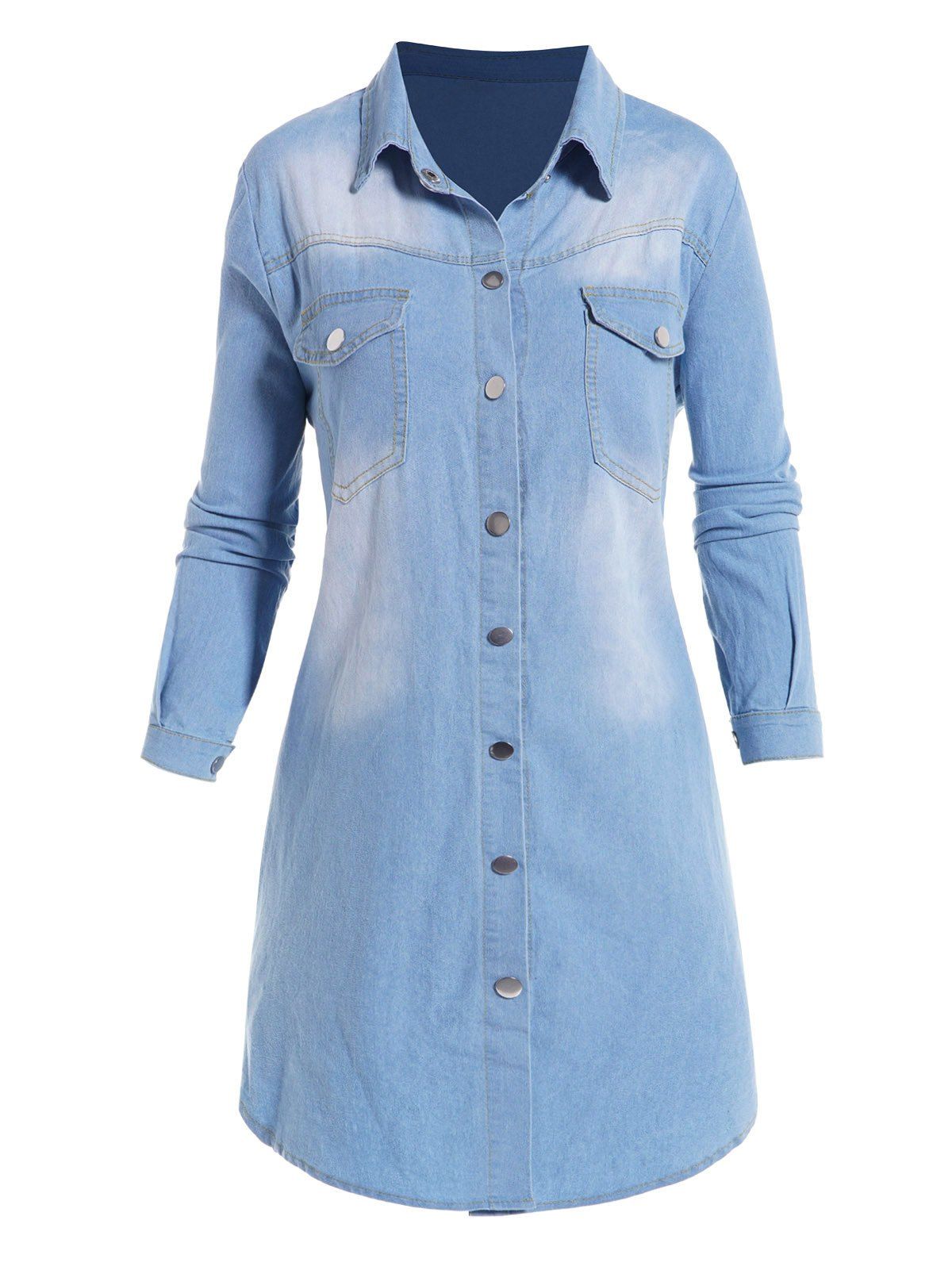 Chambray Dress Front Pocket Turn Down Collar Curved Hem Long Sleeve Shift Mini Dress - BLUE M