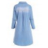 Chambray Dress Front Pocket Turn Down Collar Curved Hem Long Sleeve Shift Mini Dress - BLUE M