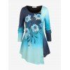 T-shirt Asymétrique en Couleur Ombrée à Imprimé Fleuri de Grande Taille - Bleu 4X