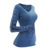 Lace Up Long Sleeve T-shirt O Ring V Neck Casual Tee - BLUE S
