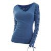 Lace Up Long Sleeve T-shirt O Ring V Neck Casual Tee - BLUE XXL
