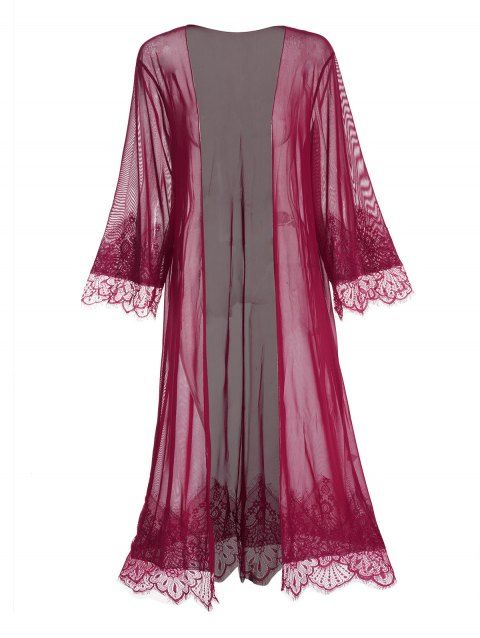 See Thru Mesh Longline Lingerie Dress Floral Lace Trim Full Sleeve Open Front Lingerie Dress