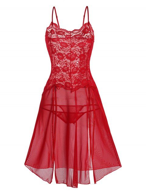 See Thru Flower Lace Panel Mesh Lingerie Dress Adjustable Straps Knot Lingerie Two Piece Set