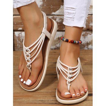 

Plain Color Beaded Slip On Summer Flat Sandals, White