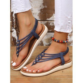 

Plain Color Beaded Slip On Summer Flat Sandals, Blue