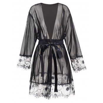 

See Thru Belted Mini Lingerie Dress Flower Lace Panel Open Front Long Sleeve Lingerie Dress, Black