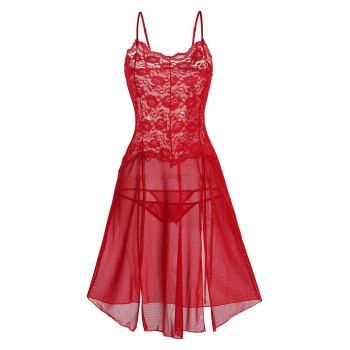 

See Thru Flower Lace Panel Mesh Lingerie Dress Adjustable Straps Knot Lingerie Two Piece Set, Red