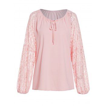 

See Thru Lace Panel Blouse Plain Color Keyhole Long Sleeve Top, Light pink