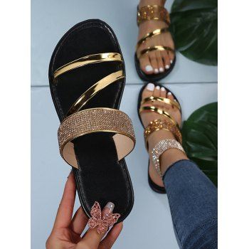 

Rhinestone Two Tone Color Slip On Outdoor Flat Sandals, Golden