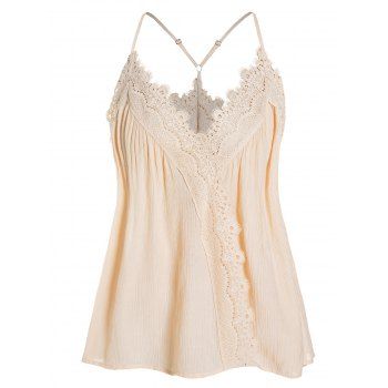 

Lace Panel Cami Top Solid Color Spaghetti Strap V Neck Casual Tank Top, Light yellow