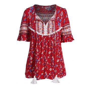 

Allover Floral Print Blouse Tassel Lace Detail Flutter Sleeve Vacation Top, Red