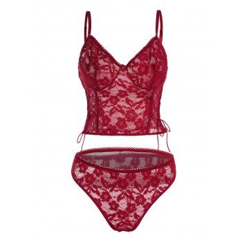 

Plus Size See Thru Flower Lace Lingerie Set Lace Up Adjustable Strap Sheer Briefs Lingerie Two Piece Set, Deep red