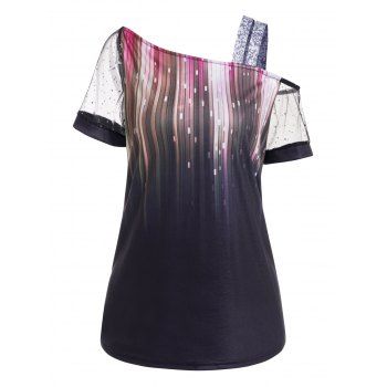 

Colored Printed T Shirt Skew Neck Short Mesh Sleeve Casual Tee, Black