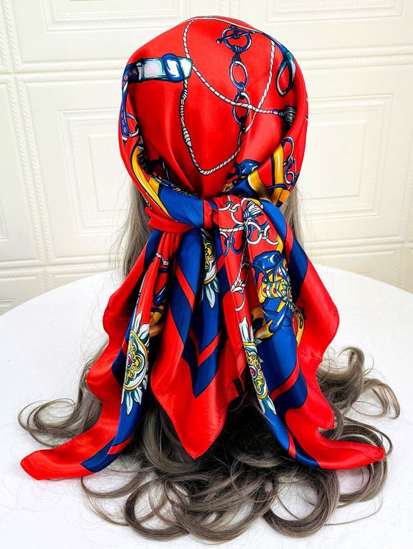 Foulard Accessoire de Cheveux Carré Imprimé en Satin - Rouge 