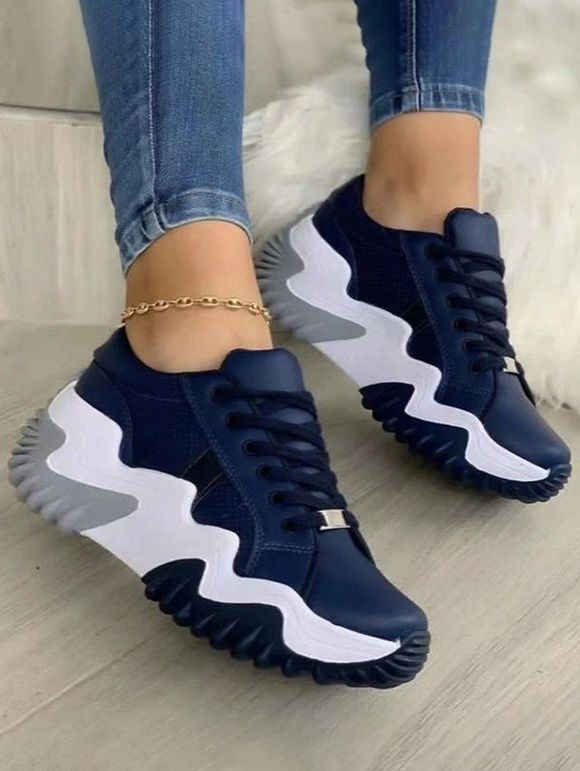 Colorblock Lace Up Thick Platform Casual Shoes - Bleu profond EU 42