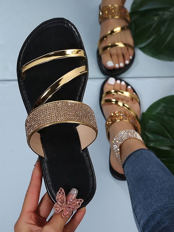 Rhinestone Two Tone Color Slip On Outdoor Flat Sandals - d'or EU 42