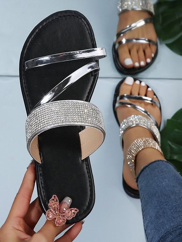 Rhinestone Two Tone Color Slip On Outdoor Flat Sandals - Argent EU 42