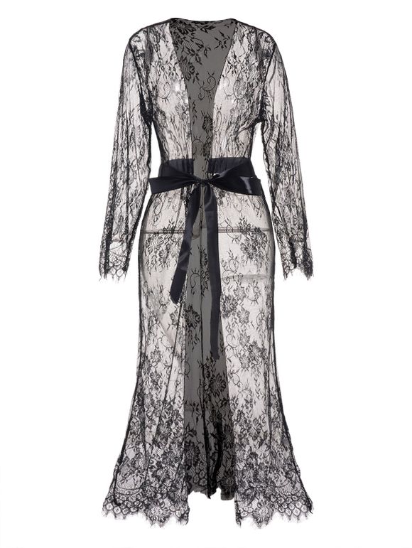See Thru Flower Mesh Maxi Lingerie Dress Open Front Belted Long Sleeve Lingerie Dress - BLACK XL