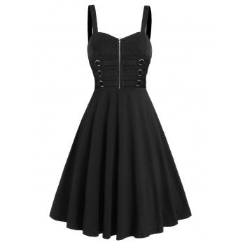 

Zip Up O-ring Straps Mini Dress High Waist Backless Sweetheart Neck Sleeveless Cami Dress, Black