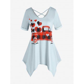 

Plus Size Heart Car Print Plaid Crisscross Handkerchief Tee, Light gray