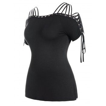 

Plus Size Cold Shoulder Eyelet Lace Up T-shirt Solid Color Curve Strappy Tee, Black