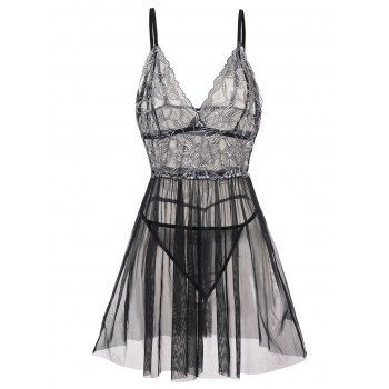 

Plus Size Flower Embroidery Lace See Thru Lingerie Set Adjustable Strap Plunging Neck Sheer Mesh Lingerie Two Piece Set, Black