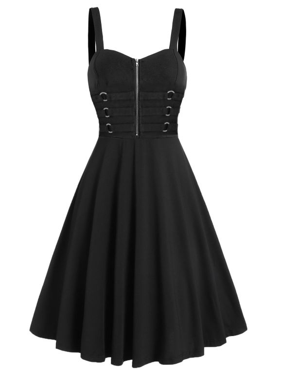 Zip Up O-ring Straps Mini Dress High Waist Backless Sweetheart Neck Sleeveless Cami Dress - BLACK L