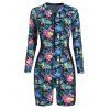 Plus Size Tropical Flower Leaf Parrot Print One-piece Swimwear Padded Half Zipper Long Sleeve Modest Swimsuit - multicolor 2XL