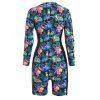Plus Size Tropical Flower Leaf Parrot Print One-piece Swimwear Padded Half Zipper Long Sleeve Modest Swimsuit - multicolor 3XL