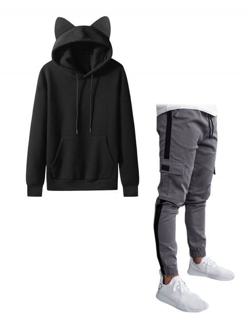 Fleece Lining Ear Pure Color Kangaroo Pocket Hoodie With Cat And Patchwork Beam Feet Pockets Jogger Pants Casual Outfit