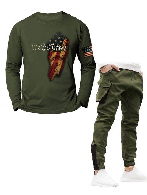 Graphic American Flag Letter Print T Shirt And Patchwork Drawstring Pockets Beam Feet Cargo Pants Casual Outfit