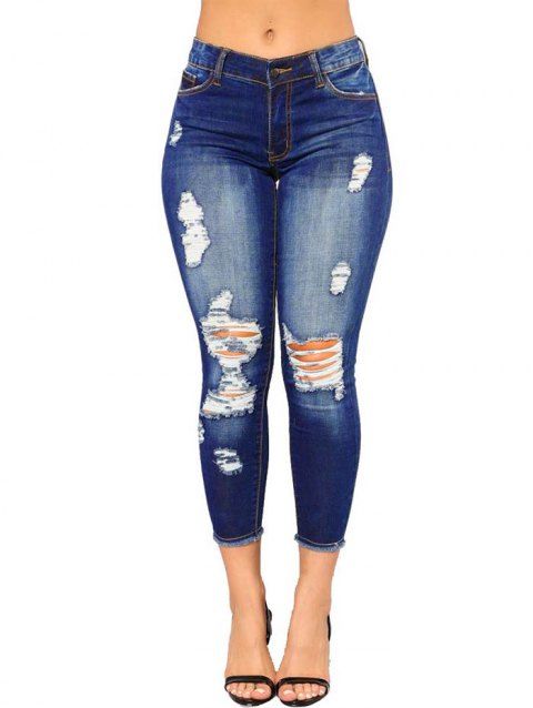 Distressed Jeans Zipper Fly Pockets Frayed Hem Dark Wash Skinny Denim Pants