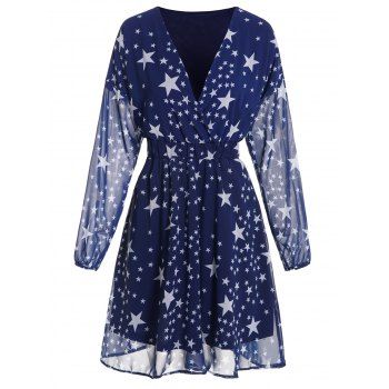 

Allover Star Print Chiffon Dress Surplice Long Sleeve High Waisted A Line Mini Dress, Deep blue